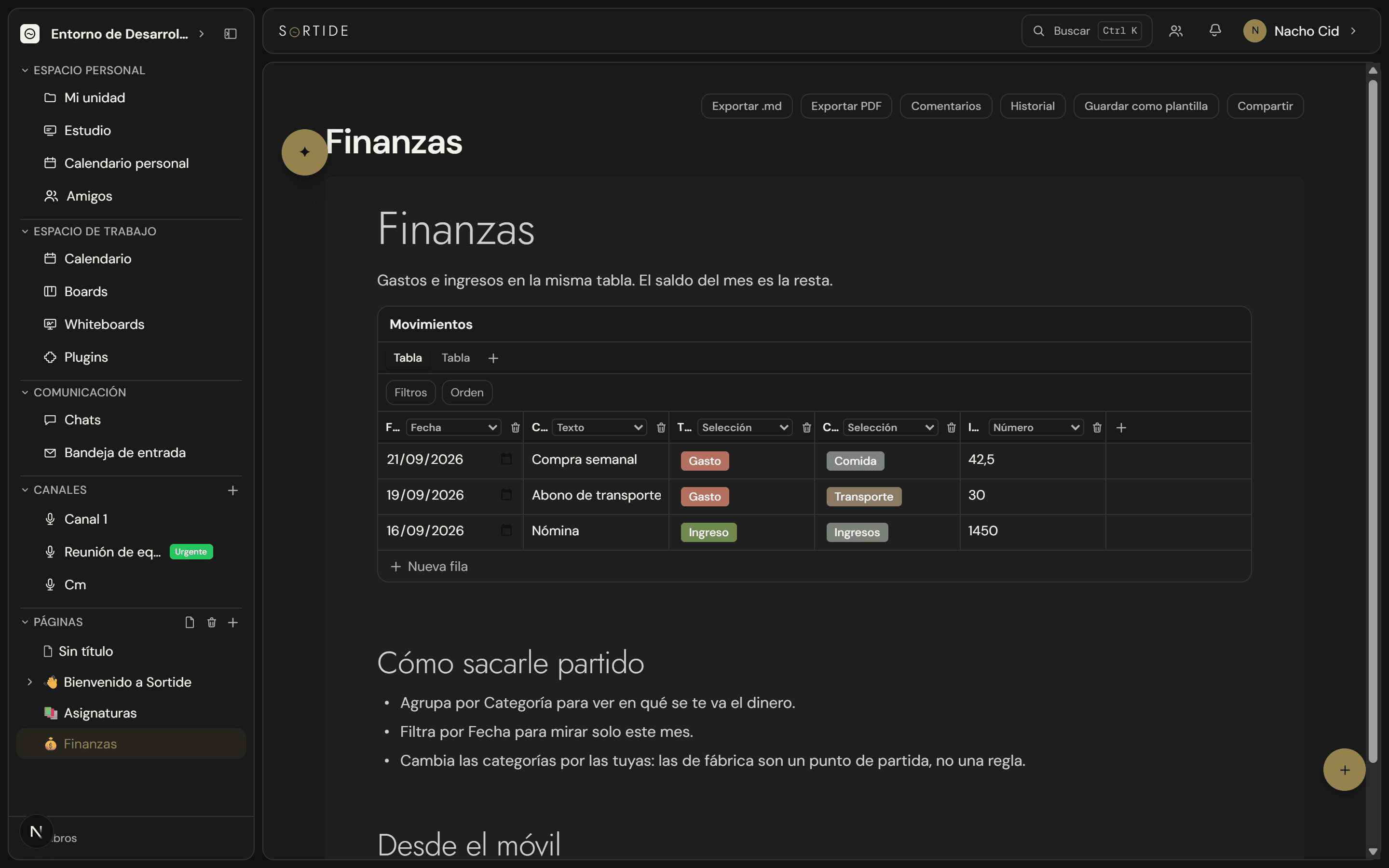 El espacio de trabajo de Tylode, con la barra lateral, una página abierta y el panel de comentarios