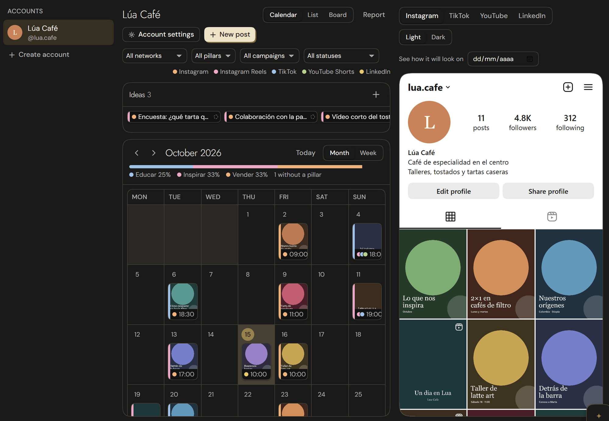 RRSS Planner with the posting calendar and the profile preview