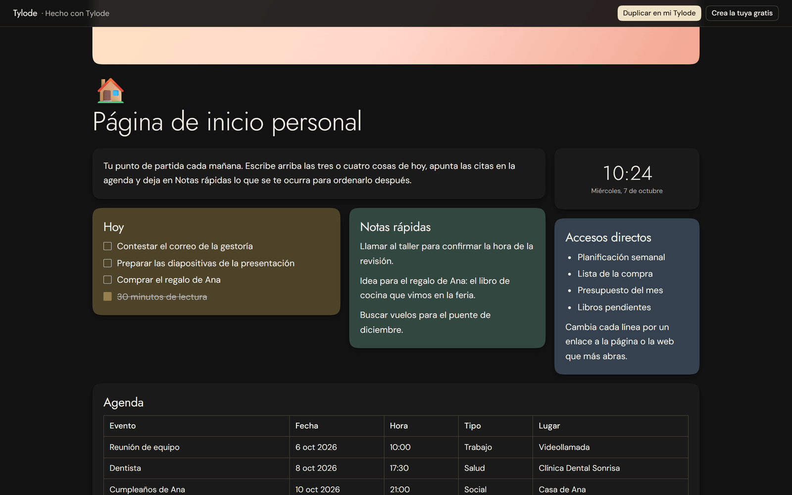 A home page published to the web, with its task, note and shortcut magnets, and the "Duplicate to my Tylode" and "Create yours free" buttons