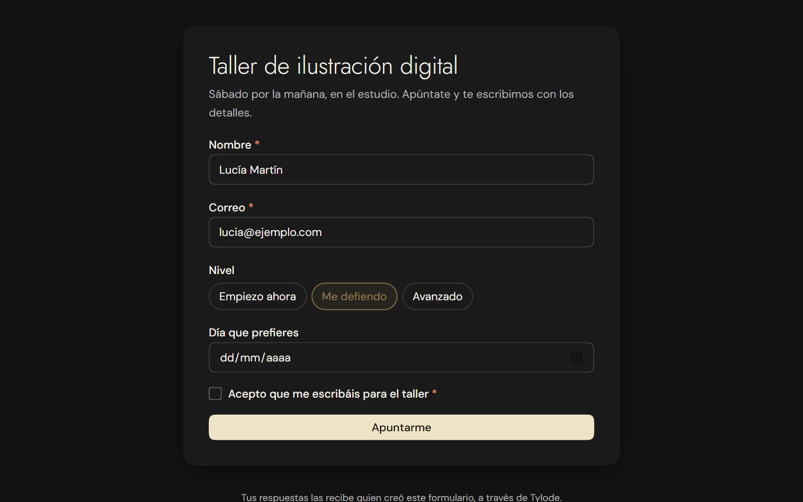 A public form in dark mode, "Digital illustration workshop", with name, email, level, preferred day, a checkbox to agree and the "Sign me up" button