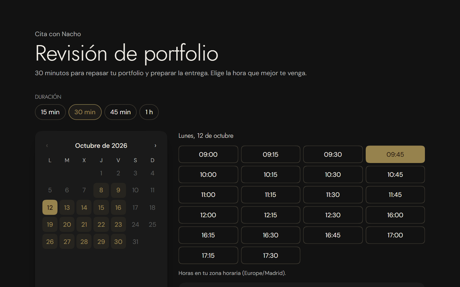 A booking link page in dark mode, with the chosen length, a calendar with the free days and Monday's free times