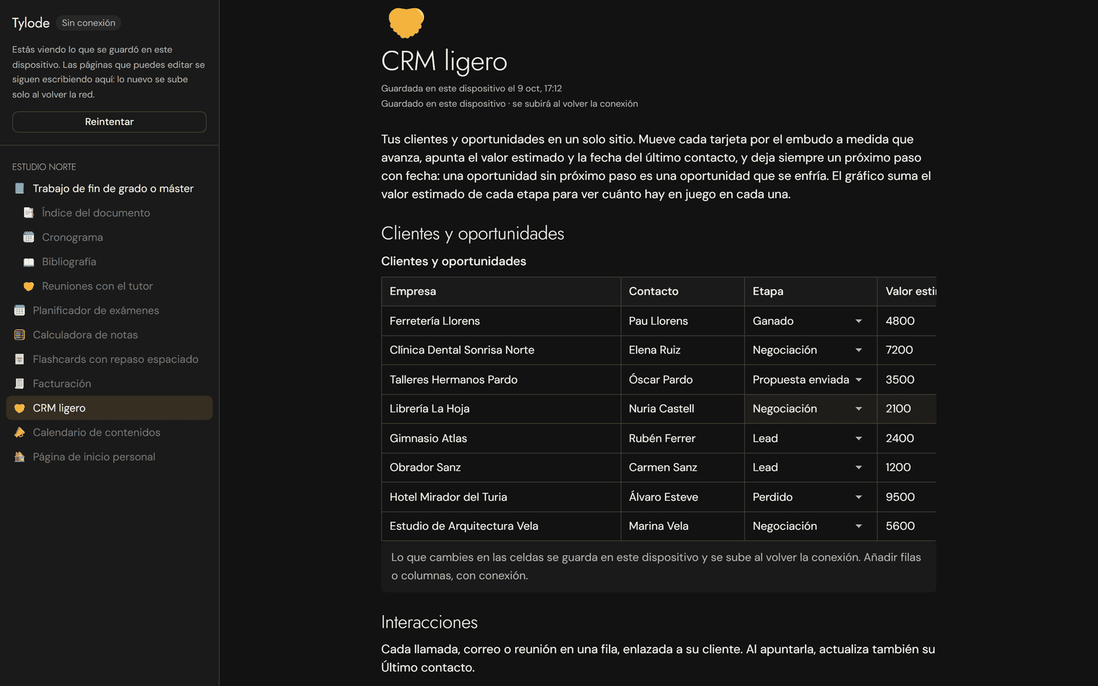 Tylode in dark mode while offline, with the "CRM ligero" page and its editable client table, two cells changed offline highlighted and the note that they'll upload when you're back online