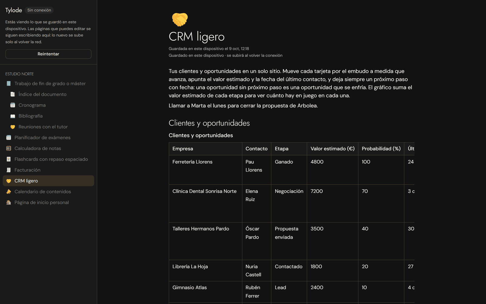 Tylode in dark mode while offline, with the "CRM ligero" page open in the editor, the "Saved on this device · will upload when you're back online" notice, a freshly written line and the saved client table