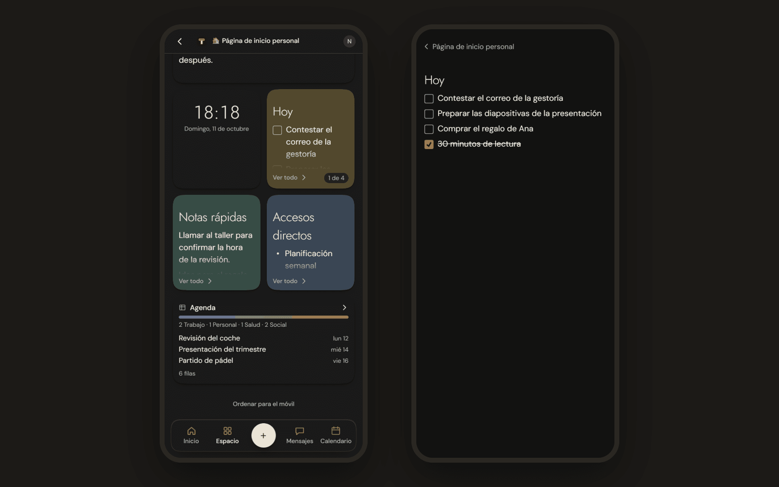 Two phones in dark mode. The first shows the "Página de inicio personal" page with the clock and the "Hoy" list side by side, quick notes, shortcuts and the agenda summary. The second shows the "Hoy" list open full screen