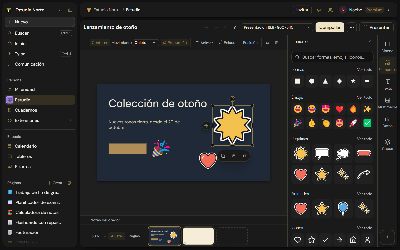 Studio in dark mode. On the canvas, a "Colección de otoño" slide with a burst sticker selected (with its handles), a heart and a party popper emoji. At the top, the row with the element's options; on the right, the Elements panel with search, shapes, emojis, stickers, animated and icons