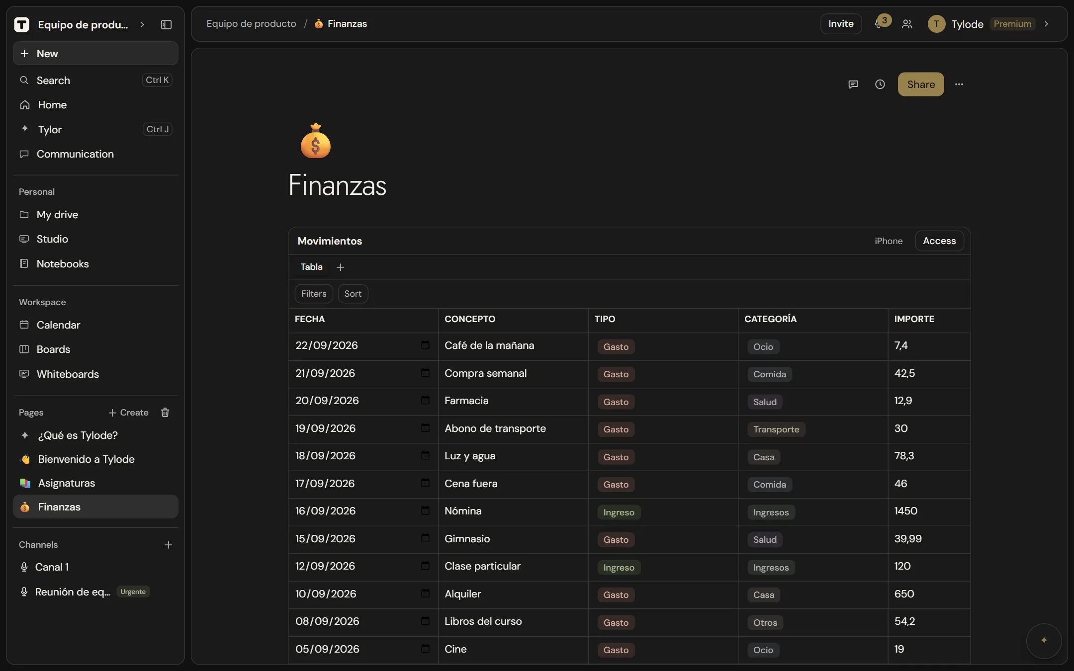 An expenses database with date, text, select and number columns