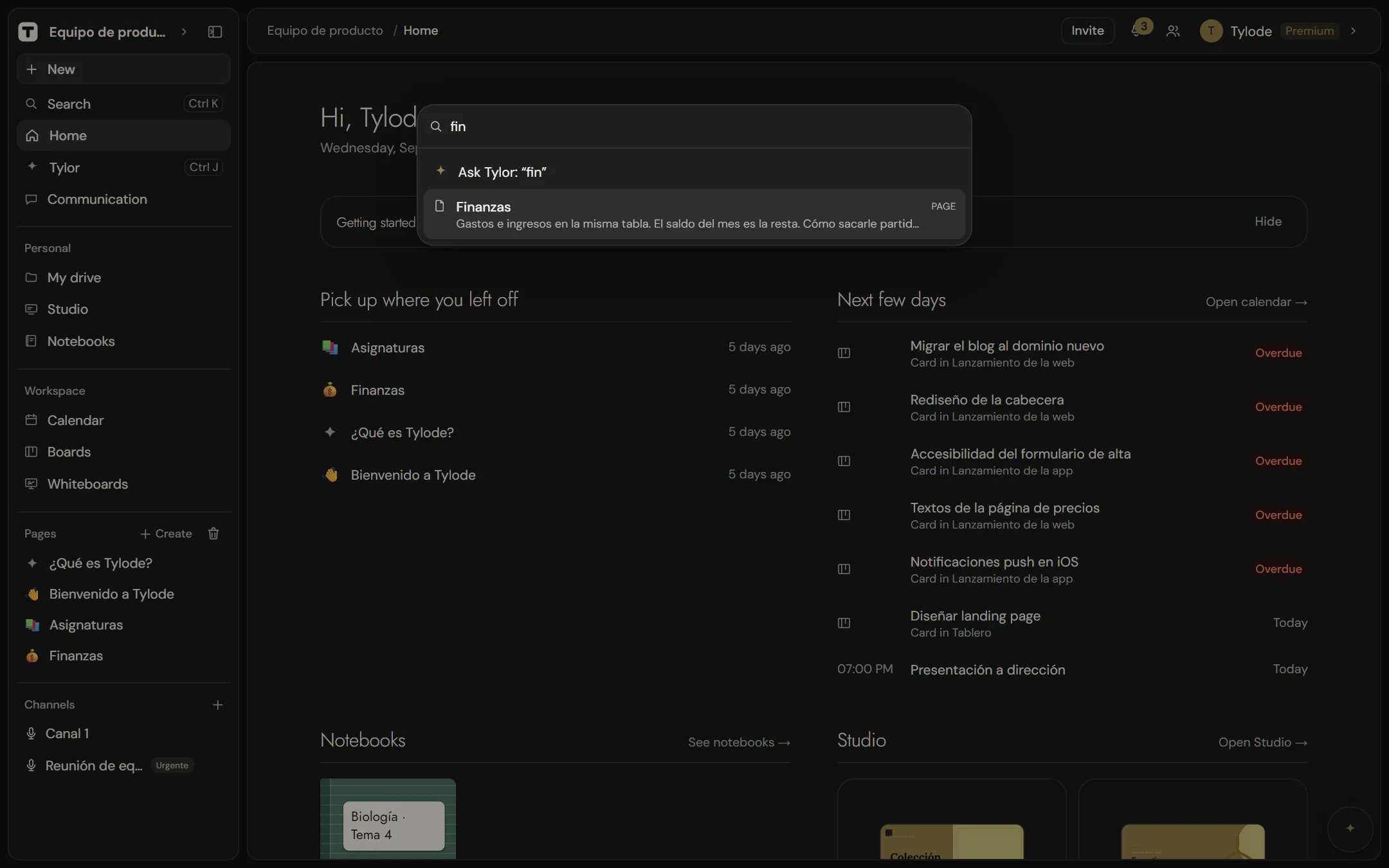 Search opened with Ctrl+K, finding the Finanzas page