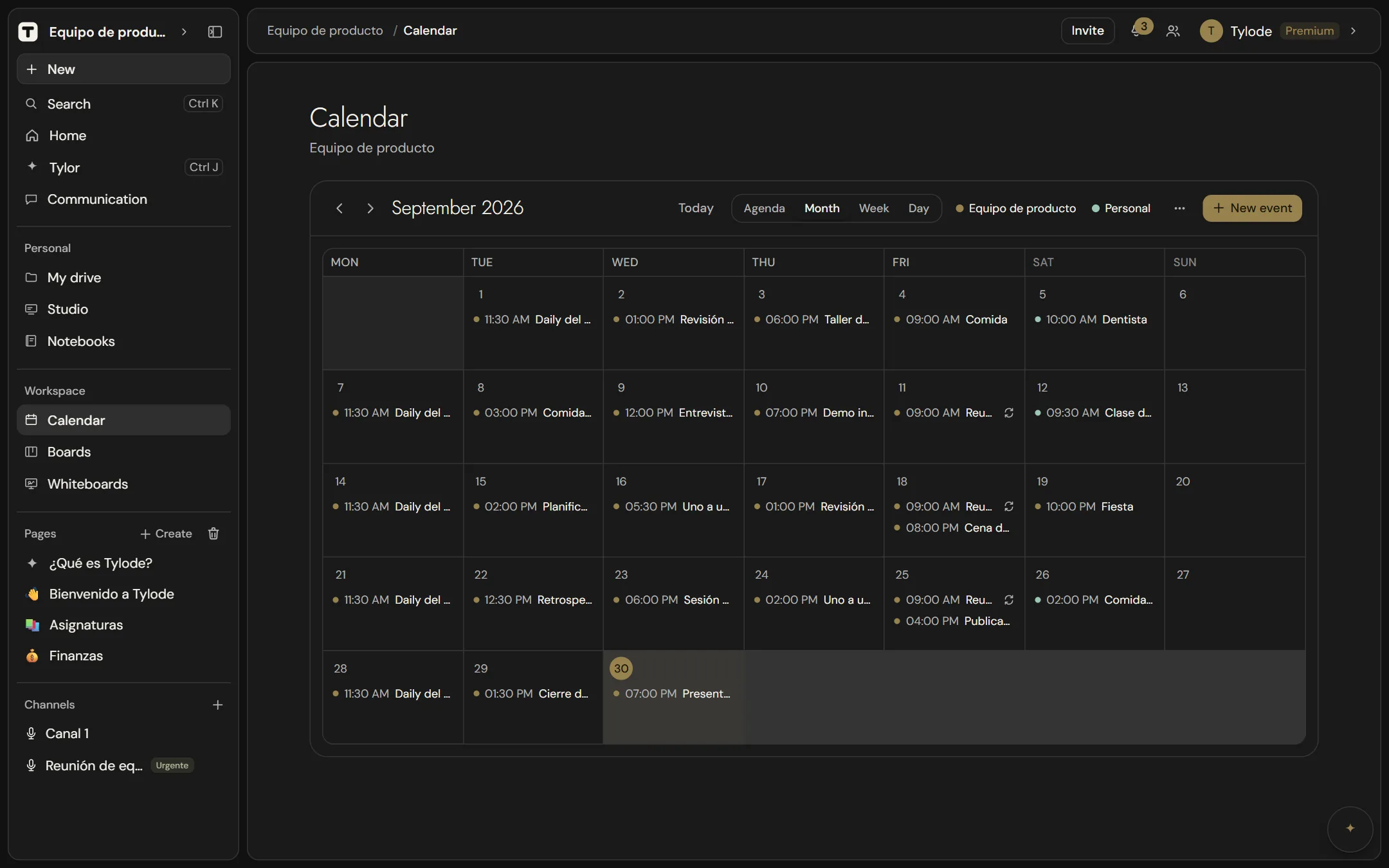 The workspace calendar in month view
