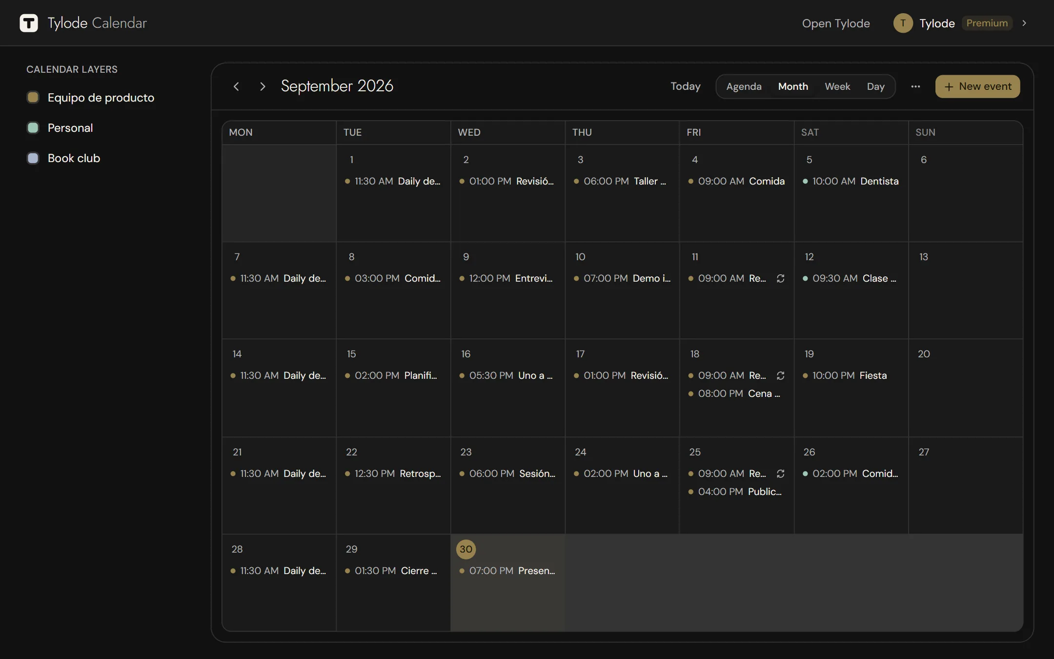 Tylode Calendar in month view, with the Calendar layers panel on the left