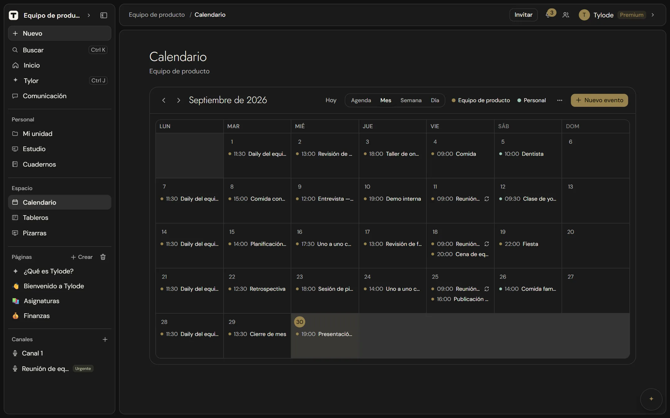 El calendario del espacio en vista de mes