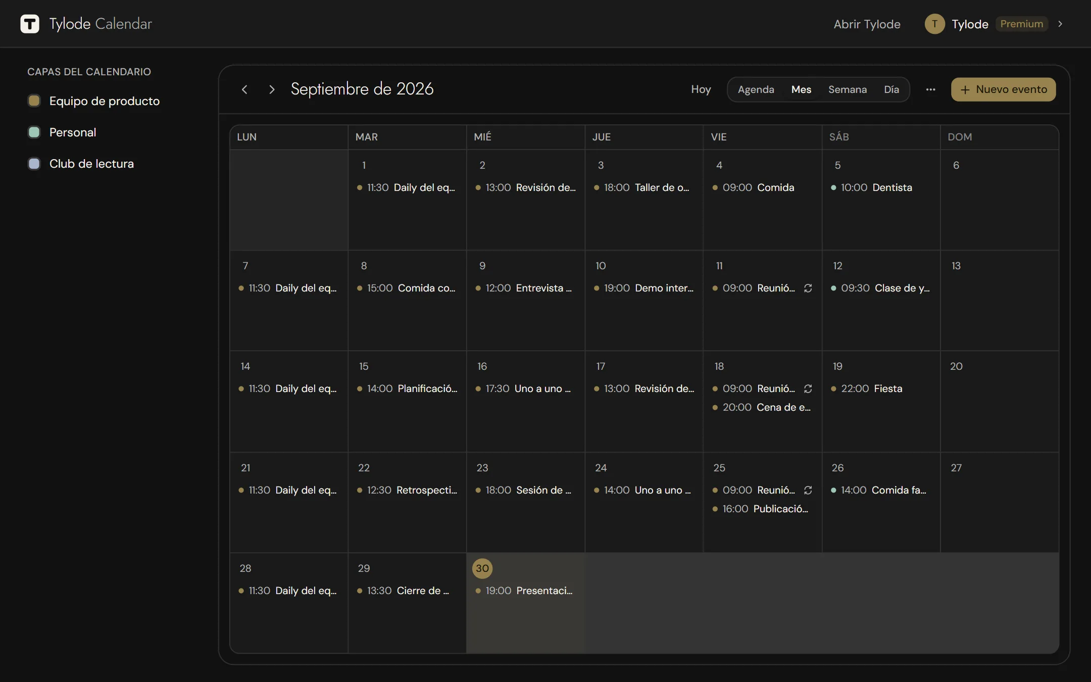 Tylode Calendar en vista de mes, con el panel Capas del calendario a la izquierda
